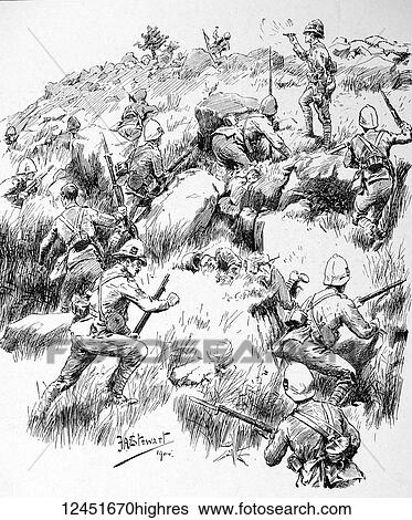 Stock Photograph - Illustrated London News record of Transvall War 1899-1900. The chievements of the home and colonial forces in the great conflict with the Boer Republics. Spencer Wilkinson record. The Durham Light Infantry storming the crest of Vall Krantz. Fotosearch