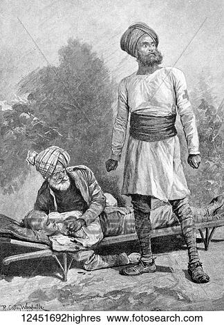 Stock Photograph - Illustrated London News record of Transvall War 1899-1900. The chievements of the home and colonial forces in the great conflict with the Boer Republics. Spencer Wilkinson record. Indian ambulance bearers in the field. Injured man in stretcher. Fotosearch