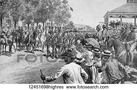 Stock Photograph - Illustrated London News record of Transvall War 1899-1900. The chievements of the home and colonial forces in the great conflict with the Boer Republics. Spencer Wilkinson record. the Guards entering Kroonstad sketch by Melton Prior. Fotosearch
