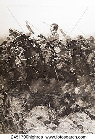 Stock Photograph - Illustrated London News record of Transvall War 1899-1900. The chievements of the home and colonial forces in the great conflict with the Boer Republics. Spencer Wilkinson record. Elandslaagte. The charge of the 5th lancers, October 21st 1899. Fotosearch