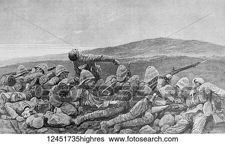 Stock Photograph - Illustrated London News record of Transvall War 1899-1900. The chievements of the home and colonial forces in the great conflict with the Boer Republics. Spencer Wilkinson record. The Inniskilling Fusiliers holding their ground at Railway Hill. Troops.... Fotosearch