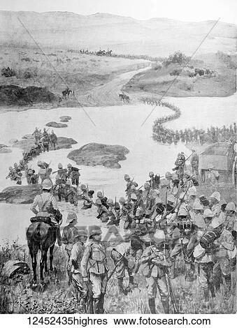 Stock Photograph - Illustrated London News record of Transvall War 1899-1900. The chievements of the home and colonial forces in the great conflict with the Boer Republics. Spencer Wilkinson record. Troops crossing the river Tugela, hand in hand,. Fotosearch