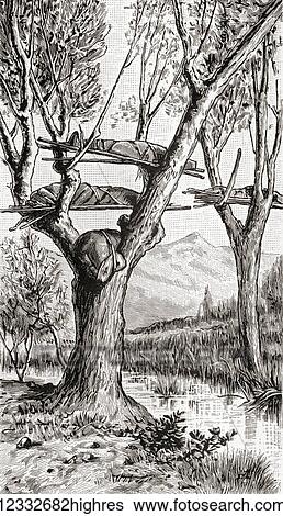 Stock Photograph - Indian tree dwellers from Nebraska, United States of America in the 19th century. From Meyers Lexicon, published 1927.. Fotosearch