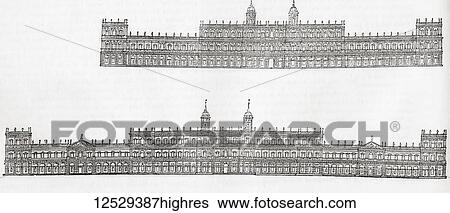Stock Photograph - Inigo Jones' 1638 plan for a new palace at Whitehall, Westminster, England. Top, the front towards the park, bottom, the front towards Charing Cross. From Old England: A Pictorial Museum, published 1847.. Fotosearch