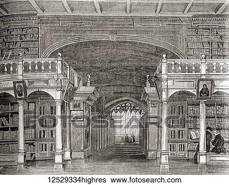 Stock Photograph - Interior of the Bodleian Library, Oxford University, Oxford, England. From Old England: A Pictorial Museum, published 1847.. Fotosearch