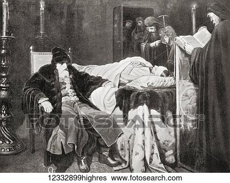 Stock Photograph - Ivan the Terrible beside the body of his son and heir Ivan Ivanovich (1554 - 1581) whom he struck and killed in a fit of rage. Ivan IV Vasilyevich, 1530 1584, aka Ivan the Terrible or Ivan the Fearsome. Grand Prince of Moscow from 1533 to 1547,.... Fotosearch