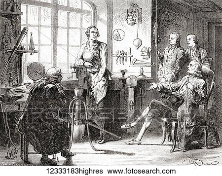 Stock Photograph - James Watt in his Glasgow workshop. James Watt, 1736 -1819. Scottish inventor, mechanical engineer and chemist. From Les Merveilles de la Science, published 1870.. Fotosearch