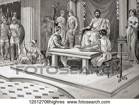 Stock Photograph - Jason of Pherae, d. 370 BC, ruler of Thessaly, holding court and settling a dispute between two of his subjects. From Hutchinson's History of the Nations, published 1915.. Fotosearch