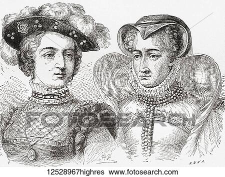 Stock Photograph - Jeanne d'Albret, left, and her mother Marguerite de Navarre, right. Jeanne d'Albret, 1528 1572, aka Jeanne III. Queen regnant of Navarre from 1555 to 1572. Marguerite de Navarre, 1492 1549, aka Marguerite of Angoulme and Margaret of Navarre..... Fotosearch