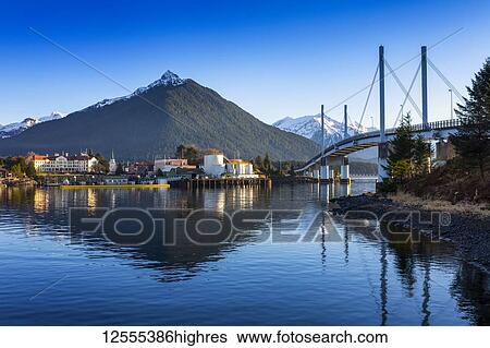 Stock Photograph - John O'Connell bridge and the town of Sitka in winter; Sitka, Alaska, United States of America. Fotosearch