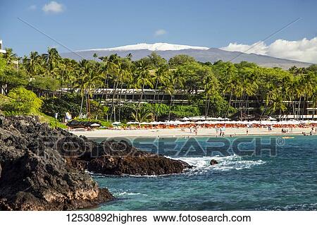 Kaunaoa Beach, Mauna Kea Beach and Hotel, and a view of Mauna Kea with snow on the Big Island; Island of Hawaii, Hawaii, United States of America View Large Photo Image Stock Photograph - Kaunaoa Beach, Mauna Kea Beach and Hotel, and a view of Mauna Kea with snow on the Big Island; Island of Hawaii, Hawaii, United States of America. Fotosearch