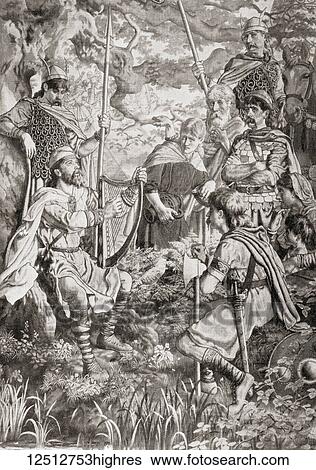 Stock Photograph - King Alfred disguised as a strolling minstrel and playing the harp in the Danish camp of Guthrum, 878. Alfred the Great, 849 899. King of Wessex. From Hutchinson's History of the Nations, published 1915.. Fotosearch