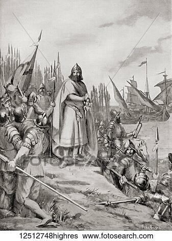 Stock Photograph - King Erik IX of Sweden lands on the coast of Finland, 1157. Eric IX of Sweden, d. 1160, aka Eric the Lawgiver, Erik the Saint, Eric the Holy. Swedish king c. 1156-60. From Hutchinson's History of the Nations, published 1915.. Fotosearch