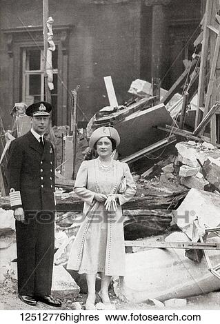 Stock Photograph - King George VI and Queen Elizabeth outside Buckingham Palace which suffered bomb damage on 13 September 1940, during WWII. George VI, 1895 1952. King of the United Kingdom and the Dominions of the British Commonwealth. Queen Elizabeth, The Queen.... Fotosearch