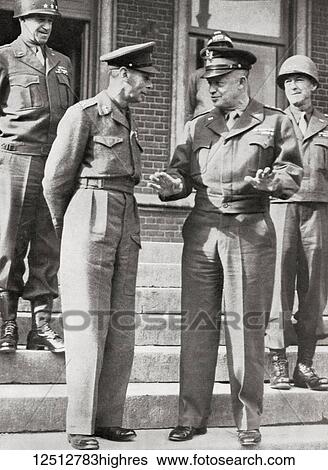 Stock Photograph - King George VI, left, with General Eisenhower in France, 1944. George VI, 1895 1952. King of the United Kingdom and the Dominions of the British Commonwealth. Dwight David Ike Eisenhower, 1890 1969. American Army general, statesman and the 34th.... Fotosearch