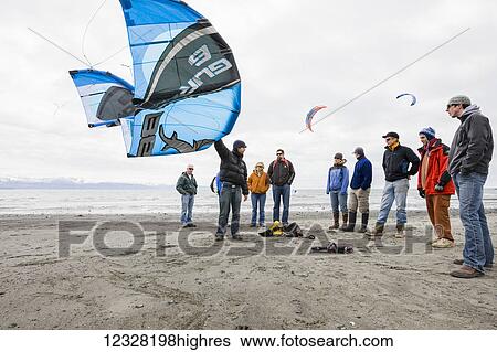 Stock Photograph - Kite Surfing Instruction Class On Homer Spit, Kachemak Bay, Southcentral Alaska, USA. Fotosearch