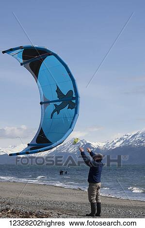Stock Photograph - Kite Surfing, Instruction Class, Kachemak Bay, Homer Alaska, Usa. Fotosearch