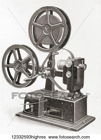 Stock Photograph - Krupp-Ernemann Kinox II, 35mm Film Projector with hand crank, c. 1919. From Meyers Lexicon, published 1927.. Fotosearch