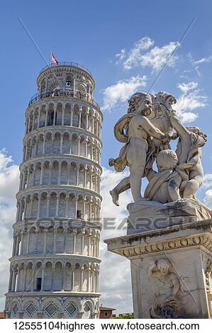 Stock Photograph - Leaning Tower of Pisa and statue; Pisa, Italy. Fotosearch