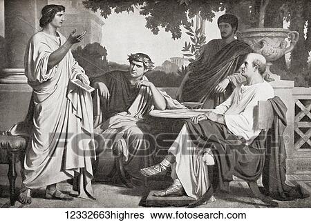 Stock Photograph - Left to right, Virgil, Horace and Varius at the House of Maecenas, (seated far right). Publius Vergilius Maro, 70 BC 19 BC, aka Virgil or Vergil. Ancient Roman poet of the Augustan period. Quintus Horatius Flaccus, 65 BC 8 BC, aka Horace. Roman.... Fotosearch
