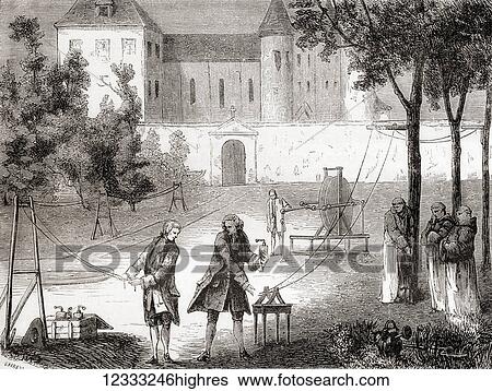 Stock Photograph - Lemonnier researching electrical speed, seen here conducting an experiment by sending a current from a Leyden jar through a wire approx 1, 850 m long, he concluded that electricity propagated instantaneously in the wire. Louis-Guillaume Le Monnier aka.... Fotosearch