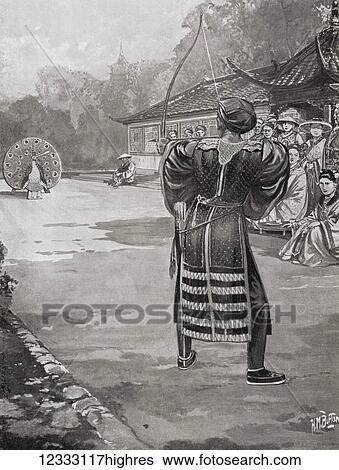 Stock Photograph - Li Yuan winning his wife at a shooting contest, the target was painted to resemble a peacock and both its eyes were put out by his arrows. Emperor Gaozu of Tang, 566 635, born Li Yuan, courtesy name Shude. Founder of the Tang Dynasty of China, and.... Fotosearch