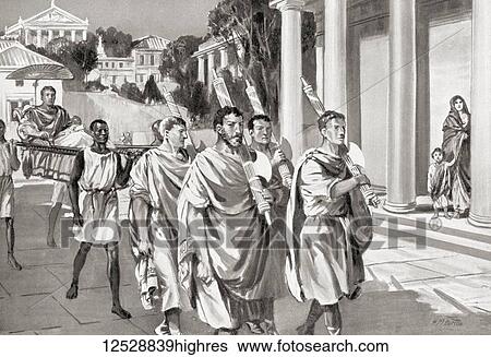 Stock Photograph - Lictors carrying fasces. In ancient Rome the Lictors were public officers and bodyguards to the chief Roman magistrates, they carried rods decorated with fasces and inflicted punishment on those sentenced by the magistrate and commanded everyone to.... Fotosearch