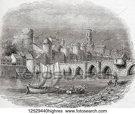 Stock Photograph - Limerick, County Limerick, Ireland, showing King John's Castle on the River Shannon and the Thomand Bridge. From Old England: A Pictorial Museum, published 1847.. Fotosearch