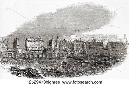 Stock Photograph - London Bridge, London, England, just before the houses were demolished in 1760. From Old England: A Pictorial Museum, published 1847.. Fotosearch