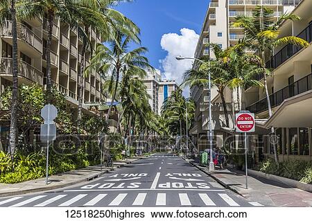 Looking up Levers Street from Kaila Road with Imperial Hawaii Resort at right, Waikiki; Honolulu, Oahu, Hawaii, United States of America View Large Photo Image Stock Photograph - Looking up Levers Street from Kaila Road with Imperial Hawaii Resort at right, Waikiki; Honolulu, Oahu, Hawaii, United States of America. Fotosearch