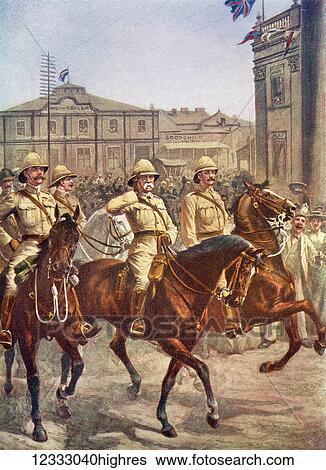Stock Photograph - Lord Roberts enters the city of Kimberley, South Africa after the relief of the besieged city during February 1900. Field Marshal Frederick Sleigh Roberts, 1st Earl Roberts, 1832 1914. British soldier. From Hutchinson's History of the Nations,.... Fotosearch