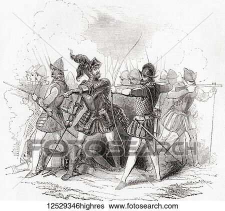 Stock Photograph - Lord Willoughby, seen here in the half armour of a general officer, the costume and accoutrements of a pikeman, an archer and a musketeer of the Elizabethan period. From Old England: A Pictorial Museum, published 1847.. Fotosearch