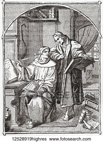 Stock Photograph - Luther and Melancthon translating the Bible. Martin Luther, 1483-1546. German theologian and religious reformer. Philipp Melancthon, born Philipp Schwartzerdt, 1497- 1560. German author, humanist, reformer, theologian and educator. From Ward and.... Fotosearch