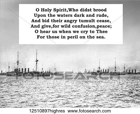 Stock Photograph - Lyrics to the Navy hymn 'Eternal Father, Strong to Save' with a background of ships on the ocean. Fotosearch