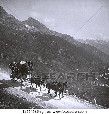 Stock Photograph - Magic lantern slide circa 1880, Victorian/Edwardian social history, taken by photographer Samuel J. Beckett, the of? cial photographer of the Norwegian cruises in the years between 1892 and 1903. This shows a stagecoach pulled by a team of horses down.... Fotosearch