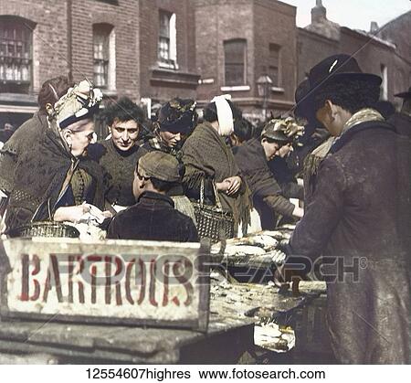 Magic lantern slide circa 1880, Victorian/Edwardian Social History. A fishmonger stall in the market with lots of people buying fish, including children and a lady with a bandage on her chin, perhaps from dental work. View Large Photo Image Stock Photograph - Magic lantern slide circa 1880, Victorian/Edwardian Social History. A fishmonger stall in the market with lots of people buying fish, including children and a lady with a bandage on her chin, perhaps from dental work.. Fotosearch