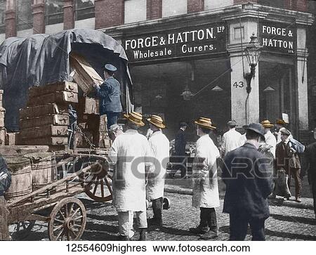 Stock Photograph - Magic lantern slide circa 1880, Victorian/Edwardian Social History. Forge and Hatton Limited, Billingsgate Market London. Loading fish onto horse and wagons for railway journey. Wholesale fish curer shop with fishmongers and straw hats; London, England. Fotosearch