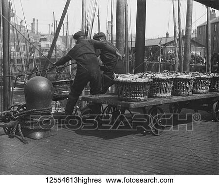 Stock Photograph - Magic lantern slide circa 1880, Victorian/Edwardian Social History. Two fishermen hauling herring fish off their boat at North Shields Fish Quay; North Shields, Tyne and Wear, England. Fotosearch