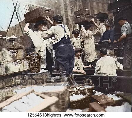 Stock Photograph - Magic lantern slide circa 1880, Victorian/Edwardian Social History. North Sea fishermen unloading and boxing fish on board fishing boat.. Fotosearch