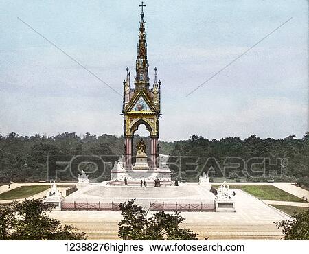 Stock Photograph - Magic Lantern slide circa 1900 hand coloured views of London, England in Victorian times. The Albert Memorial in Hyde Park. Fotosearch