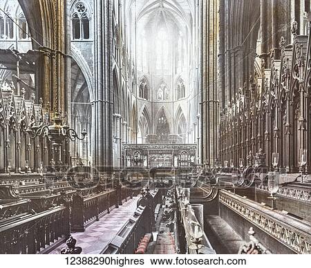 Stock Photograph - Magic Lantern slide circa 1900 hand coloured views of London, England in Victorian times. The choir at Westminster Abbey. Fotosearch