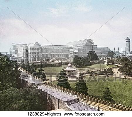 Stock Photograph - Magic Lantern slide circa 1900 hand coloured views of London, England in Victorian times. Crystal Palace Park is a Victorian pleasure ground, used for cultural and sporting events. It is located in the south-east London suburb of Crystal Palace, which.... Fotosearch