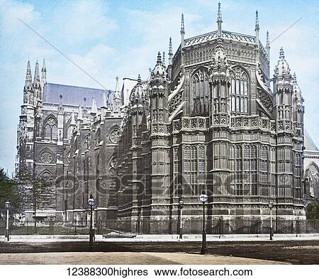 Stock Photograph - Magic Lantern slide circa 1900 hand coloured views of London, England in Victorian times. Henry VII chapel, Westminster Abbey. Fotosearch