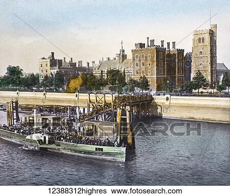 Stock Photograph - Magic Lantern slide circa 1900 hand coloured views of London, England in Victorian times. The Paddle Steamer Prince Arthur at the warf/Jetty of London Palace. Tourists and holiday makers on the boat on the River Thames. Fotosearch