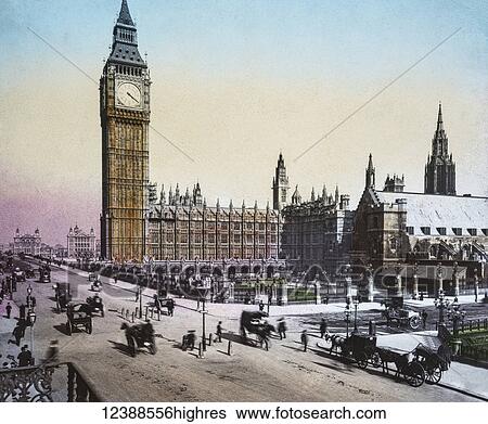 Stock Photograph - Magic Lantern slide circa 1900 hand coloured views of London, England in Victorian times. The Houses of Parliment looking to Westminster bridge. Horses and carriages with people going to and from work.. Fotosearch