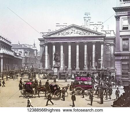 Stock Photograph - Magic Lantern slide circa 1900 hand coloured views of London, England in Victorian times. The Royal Exchange. Horse drawn busses and carriages and a very busy street with Victorian business men rushing to and from work.. Fotosearch