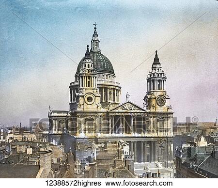 Stock Photograph - Magic Lantern slide circa 1900 hand coloured.. St Pauls Cathedral from Ludgate Hill London, England, looking across the rooftops. Fotosearch