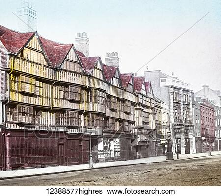 Stock Photograph - Magic Lantern slide circa 1900 hand coloured views of London, England in Victorian times. Staples Inn. Fotosearch