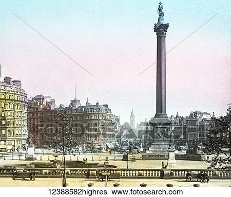 Stock Photograph - Magic Lantern slide circa 1900 hand coloured views of London, England in Victorian times. Trafalgar Square from the National Gallery. monument and big Ben also visible in the picture. Fotosearch