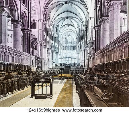 Stock Photograph - Magic Lantern slide circa 1900 hand coloured. Choir, Caterbury Cathedral looking east. Fotosearch